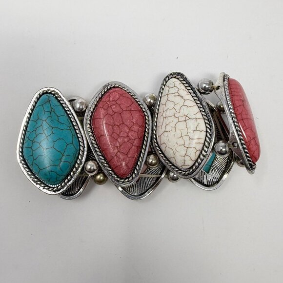 Southwestern Chunky Faux Turquoise Stretch Bracelet Stones Beads Blue Red White - Picture 3 of 9